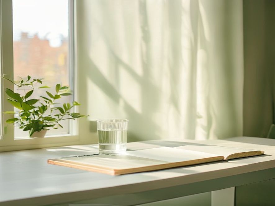 Zonnig bureau met water en notitieboek voor energiebeheer