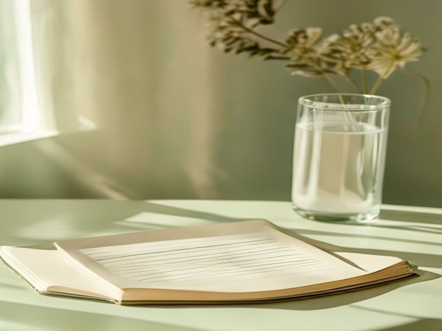 Notitieboek met hydratatie-tracker en glas water op bureau