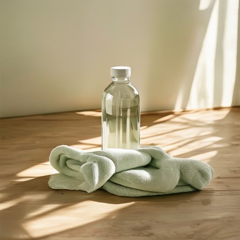 Flessenwater en fitness handschoenen op houten vloer