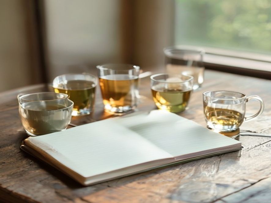 Arrangement van waterflessen en kopjes op een houten tafel door het daglicht